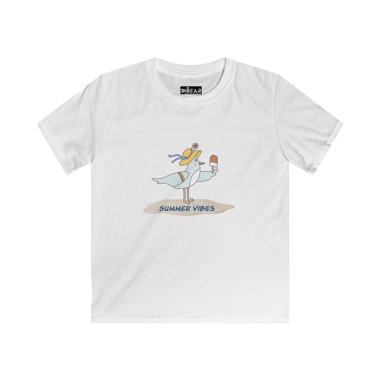 Printify white childrens tee shirts with summer vibes bird and ice cream graphic design