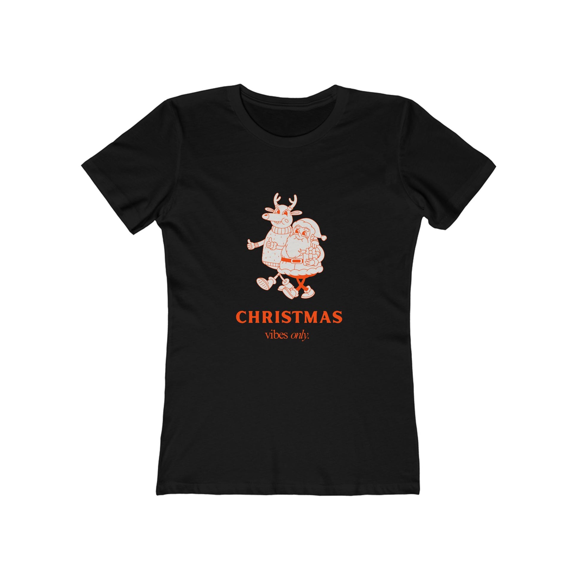 Printify black Christmas graphic tee women with Santa and reindeer design and festive text