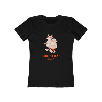 Printify black Christmas graphic tee women with Santa and reindeer design and festive text