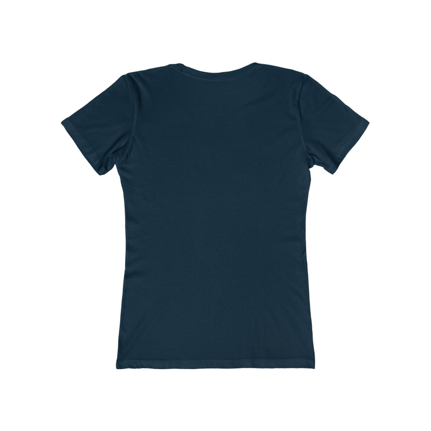Back view of plain navy blue christmas graphic tee women from Printify in short sleeves