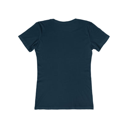 Back view of plain navy blue christmas graphic tee women from Printify in short sleeves