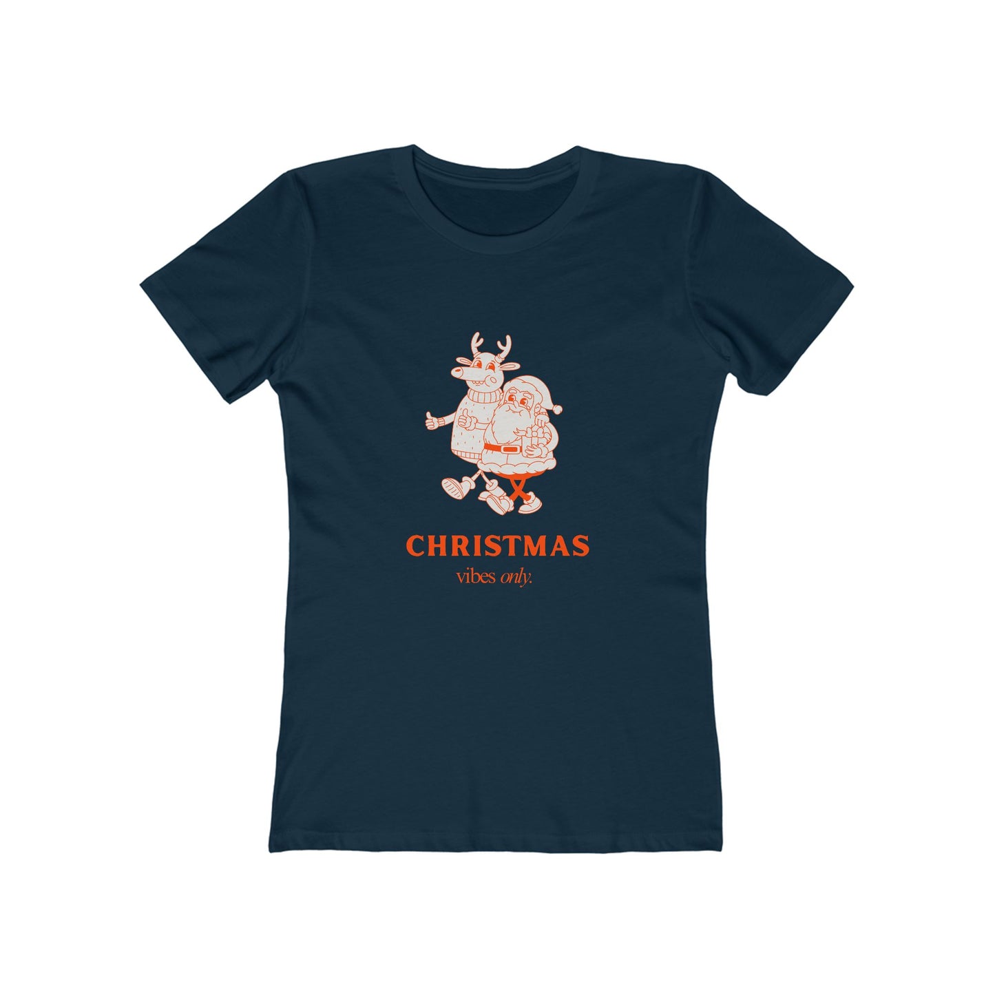 Navy Printify christmas graphic tee women with festive Santa and reindeer design and Christmas vibes text