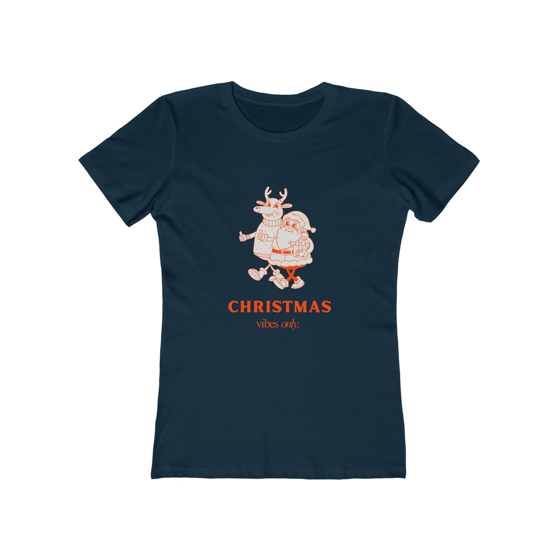 Navy Printify christmas graphic tee women with festive Santa and reindeer design and Christmas vibes text