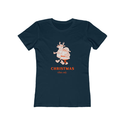 Navy Printify christmas graphic tee women with festive Santa and reindeer design and Christmas vibes text