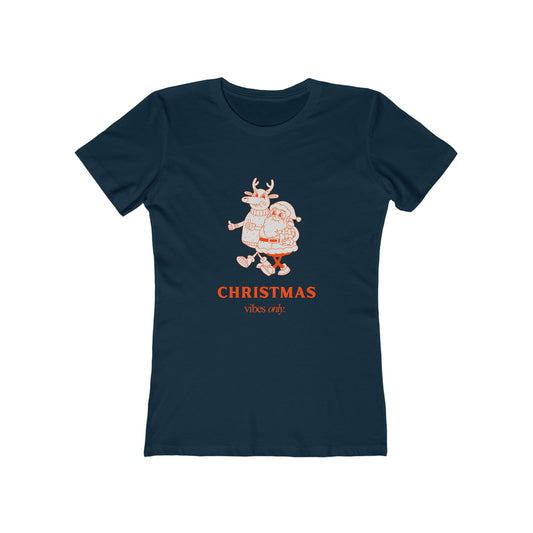 Navy Printify christmas graphic tee women with festive Santa and reindeer design and Christmas vibes text