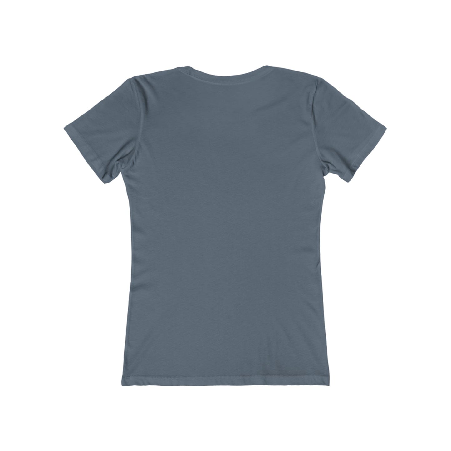 Back view of plain blue Printify T-shirt for women Christmas graphic tee women design