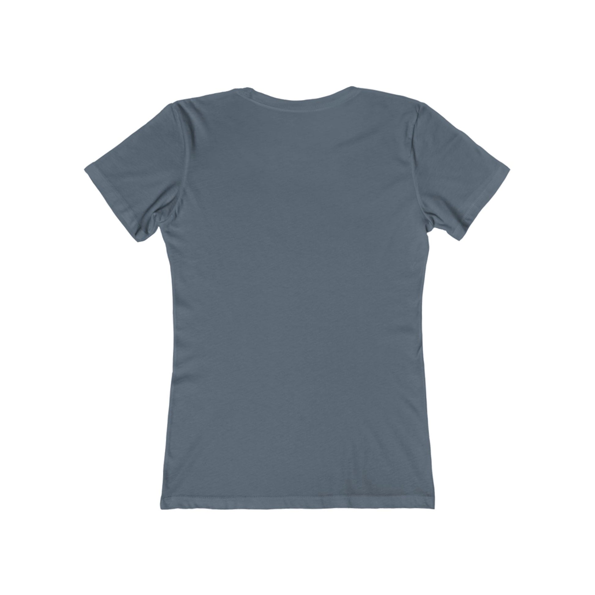 Back view of plain blue Printify T-shirt for women Christmas graphic tee women design