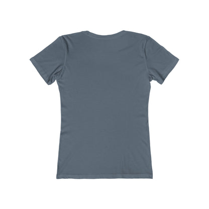 Back view of plain blue Printify T-shirt for women Christmas graphic tee women design