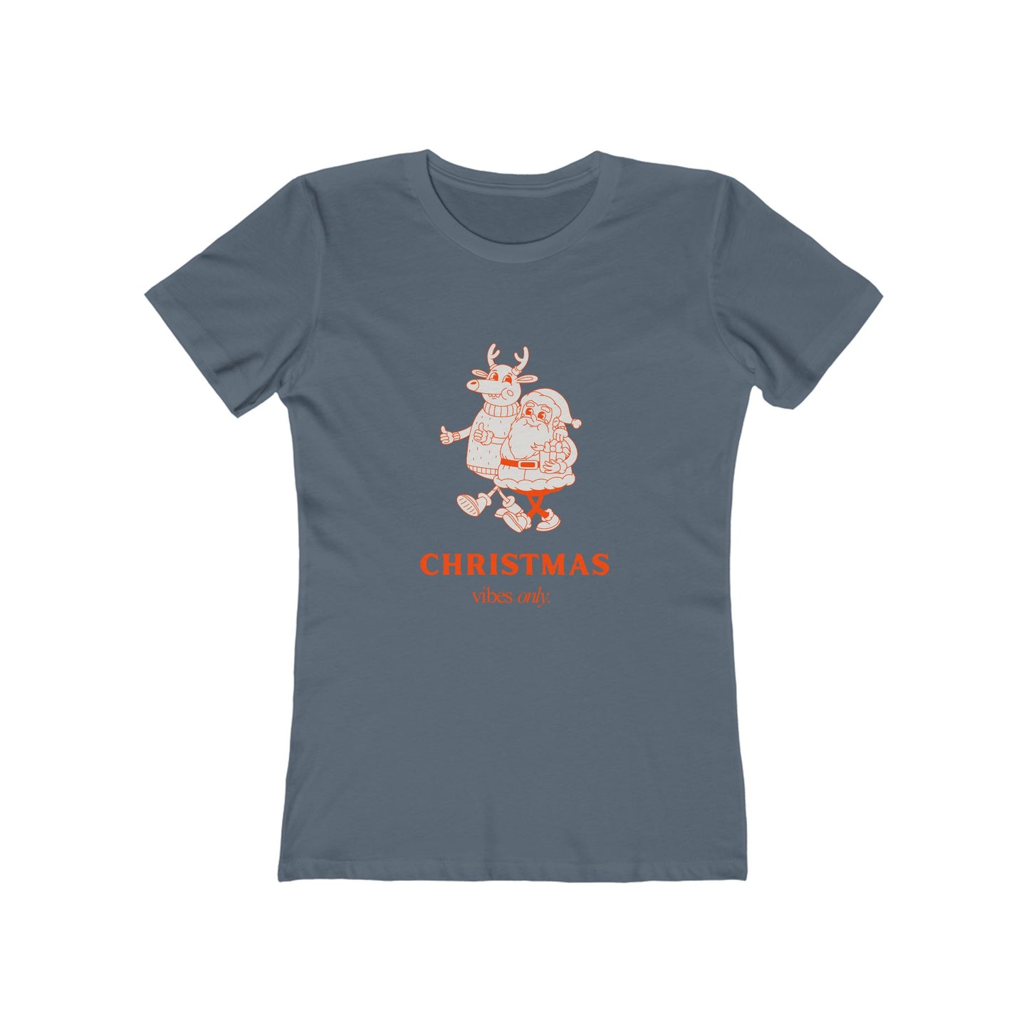 Printify Christmas graphic tee women in blue with Santa and reindeer walking illustration