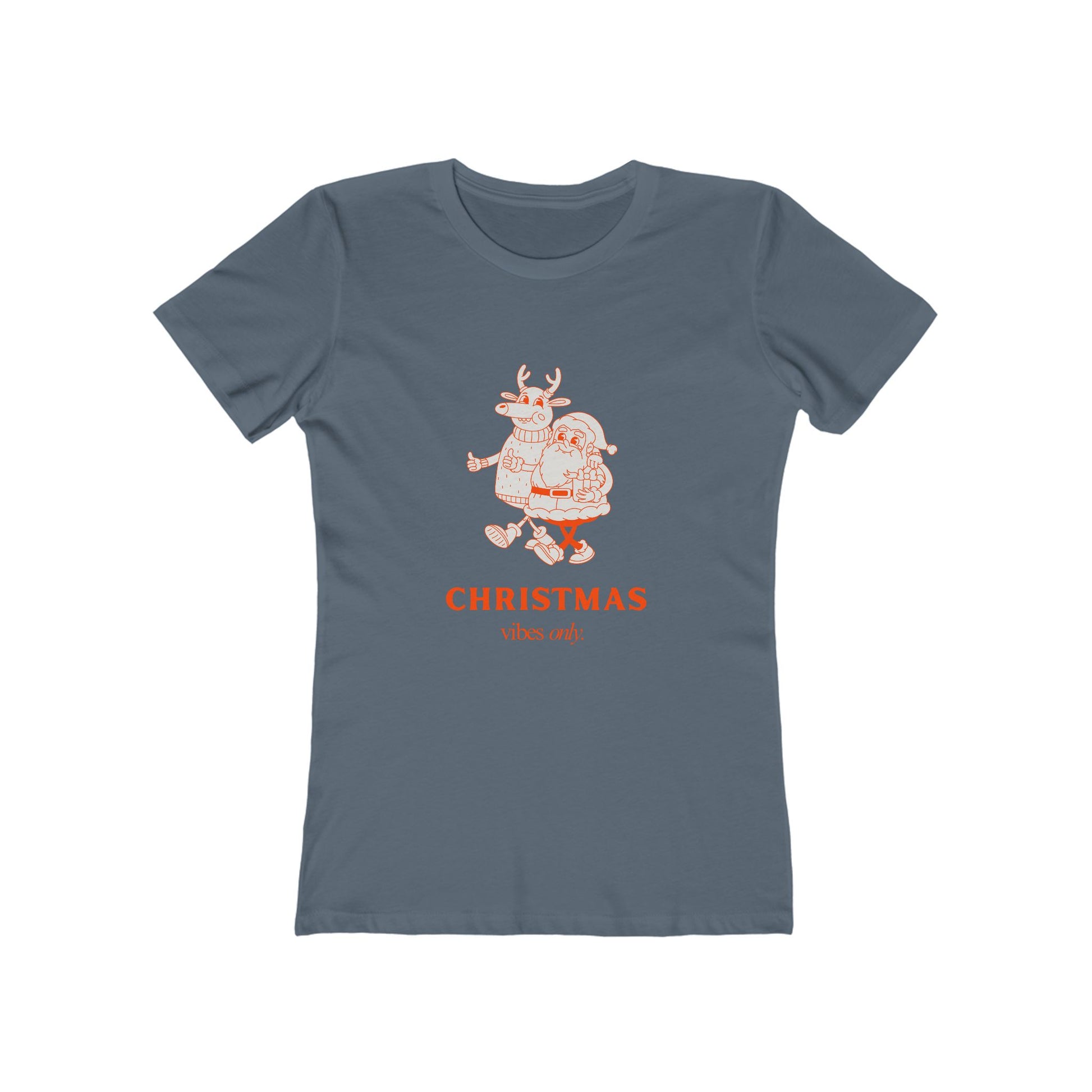Printify Christmas graphic tee women in blue with Santa and reindeer walking illustration