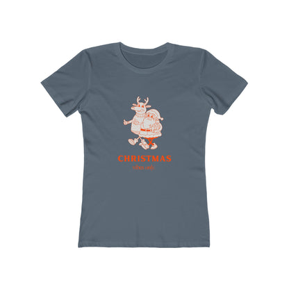 Printify Christmas graphic tee women in blue with Santa and reindeer walking illustration