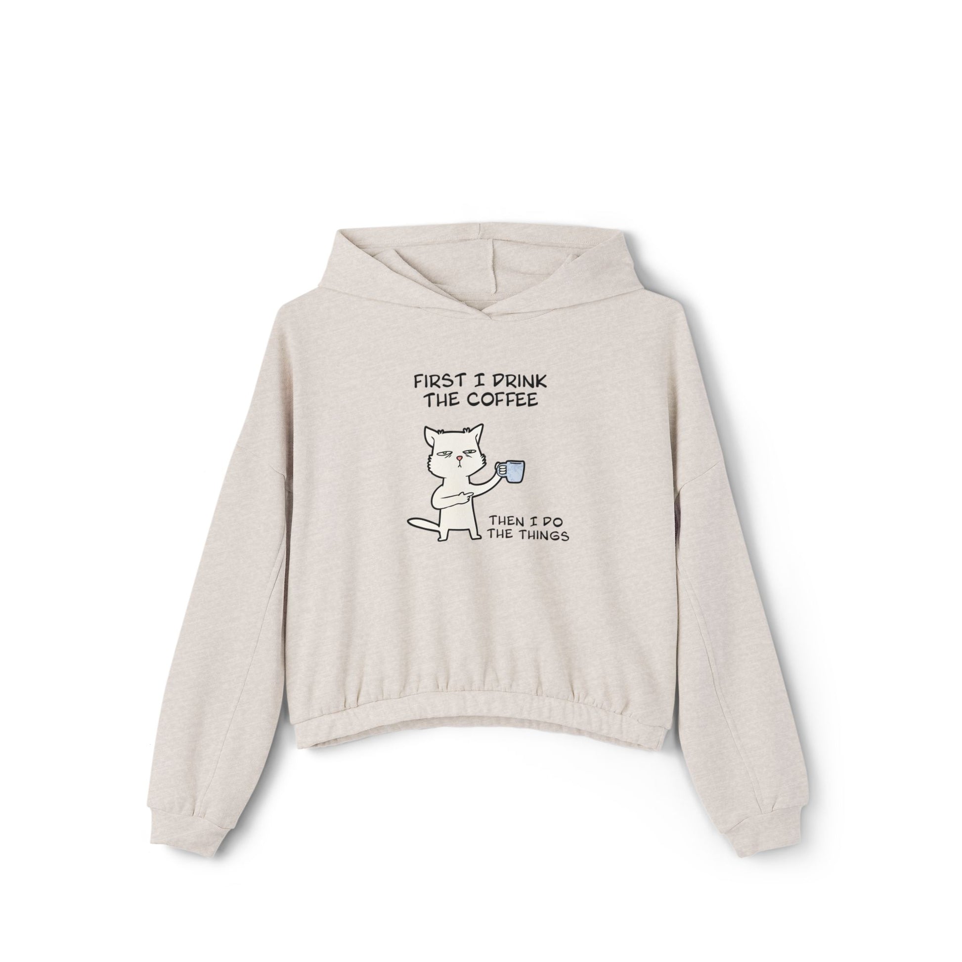 Printify beige cinch women's hoodie with cat coffee graphic and elastic hem