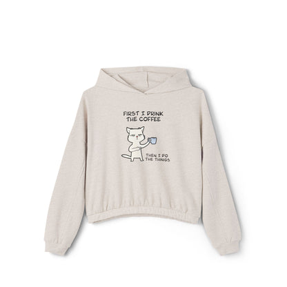Printify beige cinch women's hoodie with cat coffee graphic and elastic hem