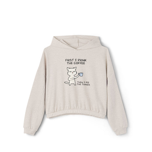 Printify beige cinch women's hoodie with cat coffee graphic and elastic hem