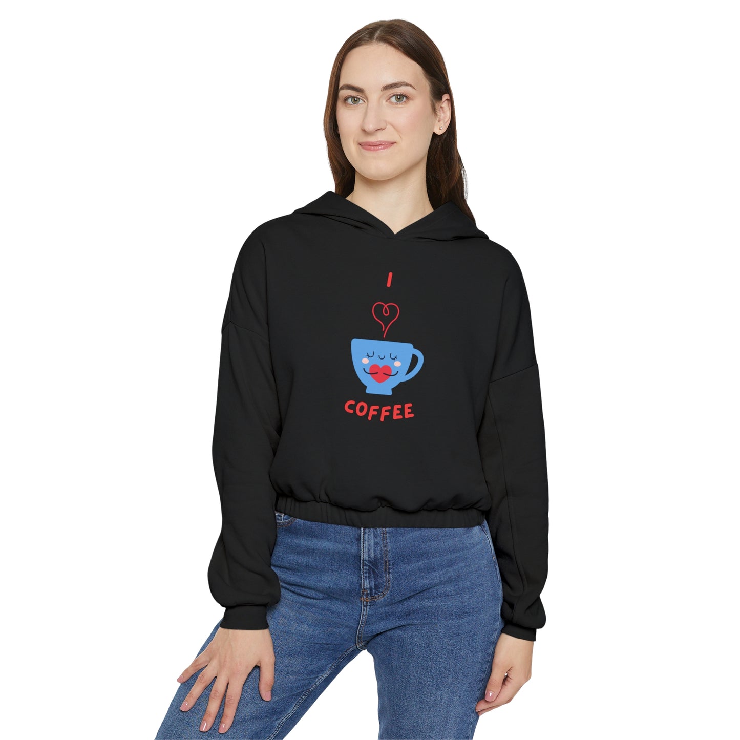 Black cinch women's hoodie from Printify with a cute coffee cup graphic and red text I love coffee