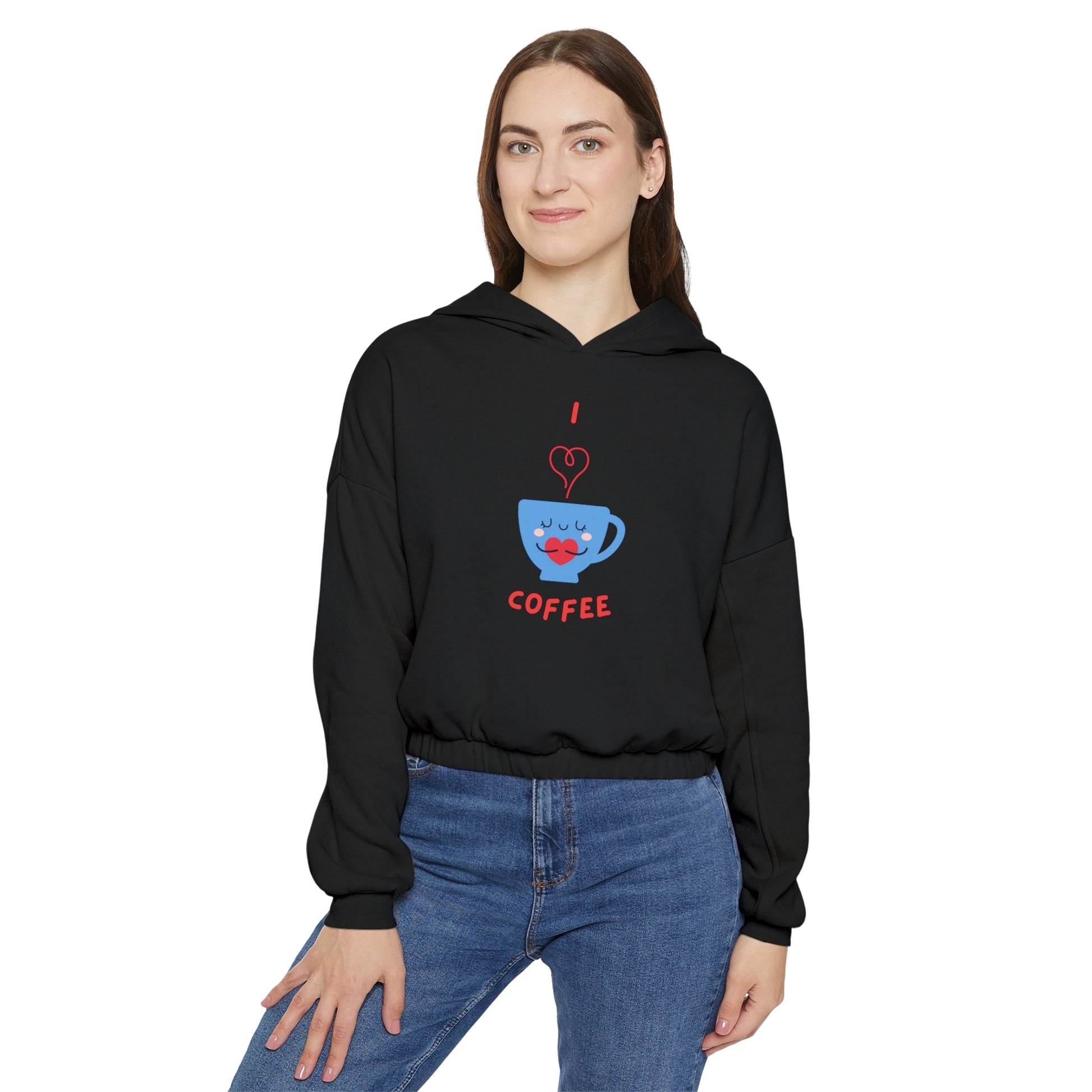 Black cinch women's hoodie from Printify with a cute coffee cup graphic and red text I love coffee