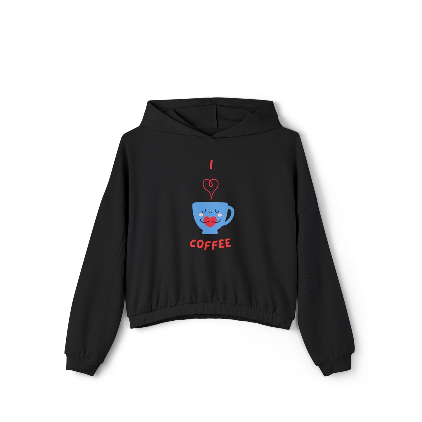 Black Printify cinch women's hoodie with coffee cup graphic and I love coffee text