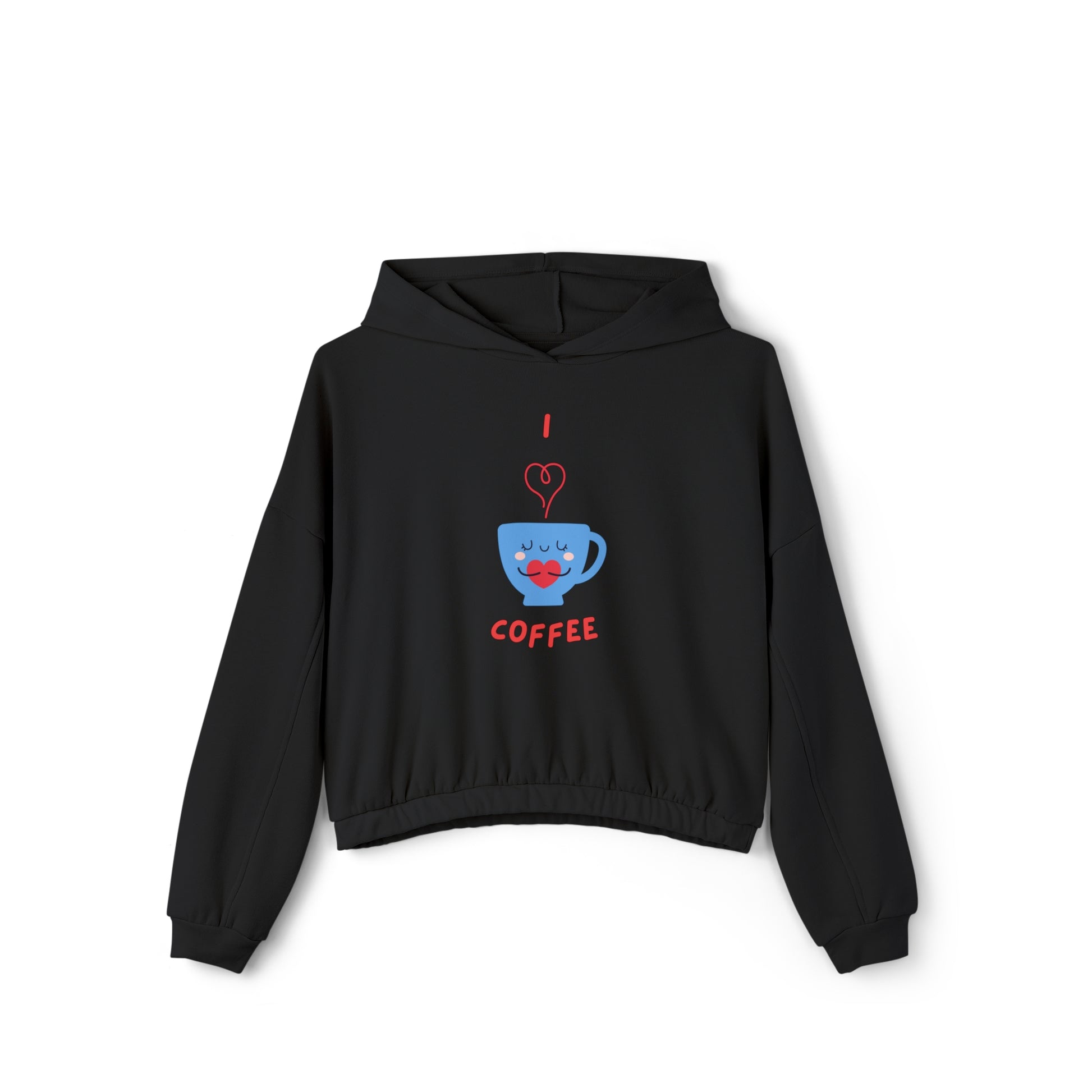 Black Printify cinch women's hoodie with coffee cup graphic and I love coffee text