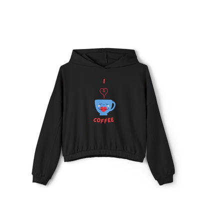 Black Printify cinch women's hoodie with coffee cup graphic and I love coffee text
