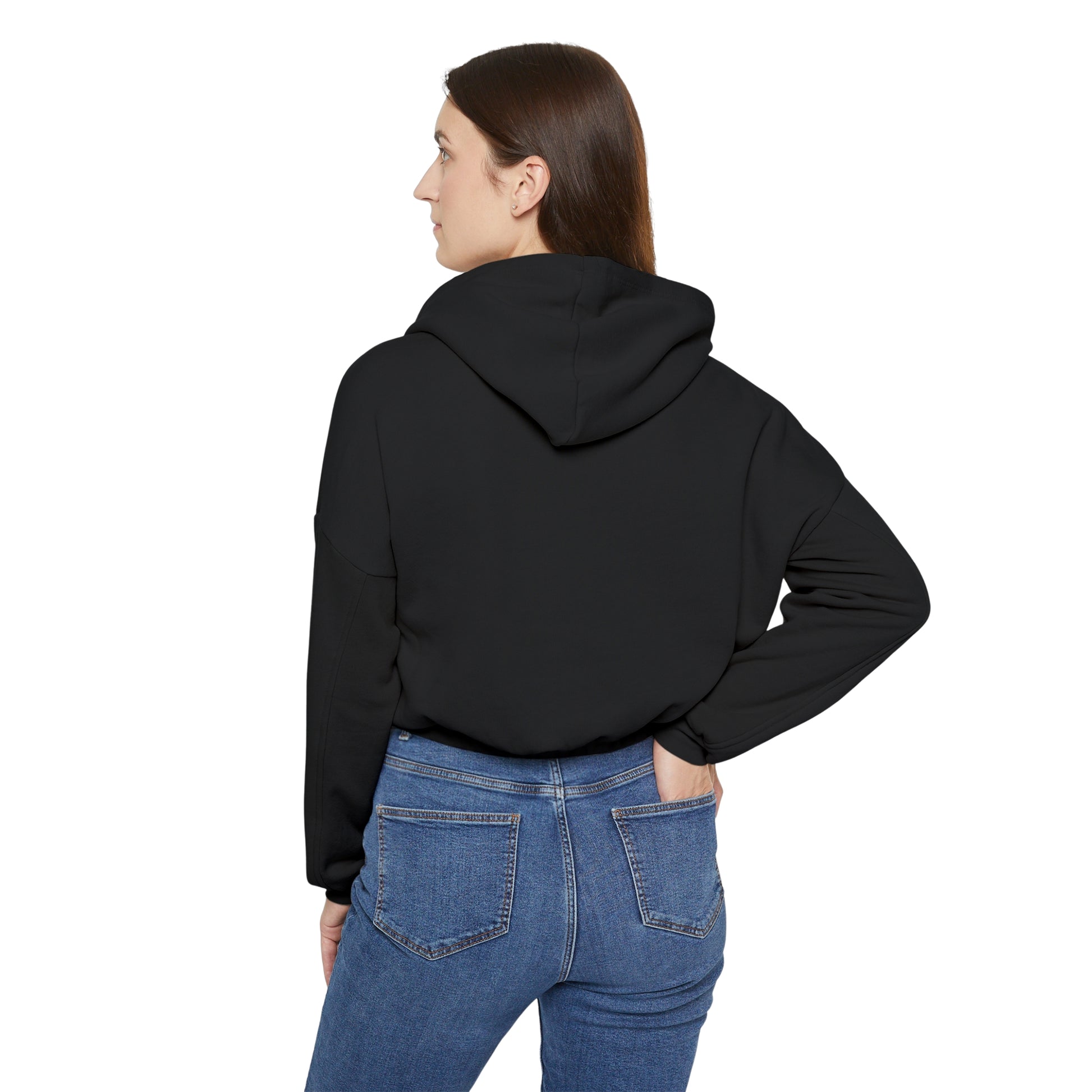 Back view of model wearing black cinch women's hoodie by Printify with hood and long sleeves