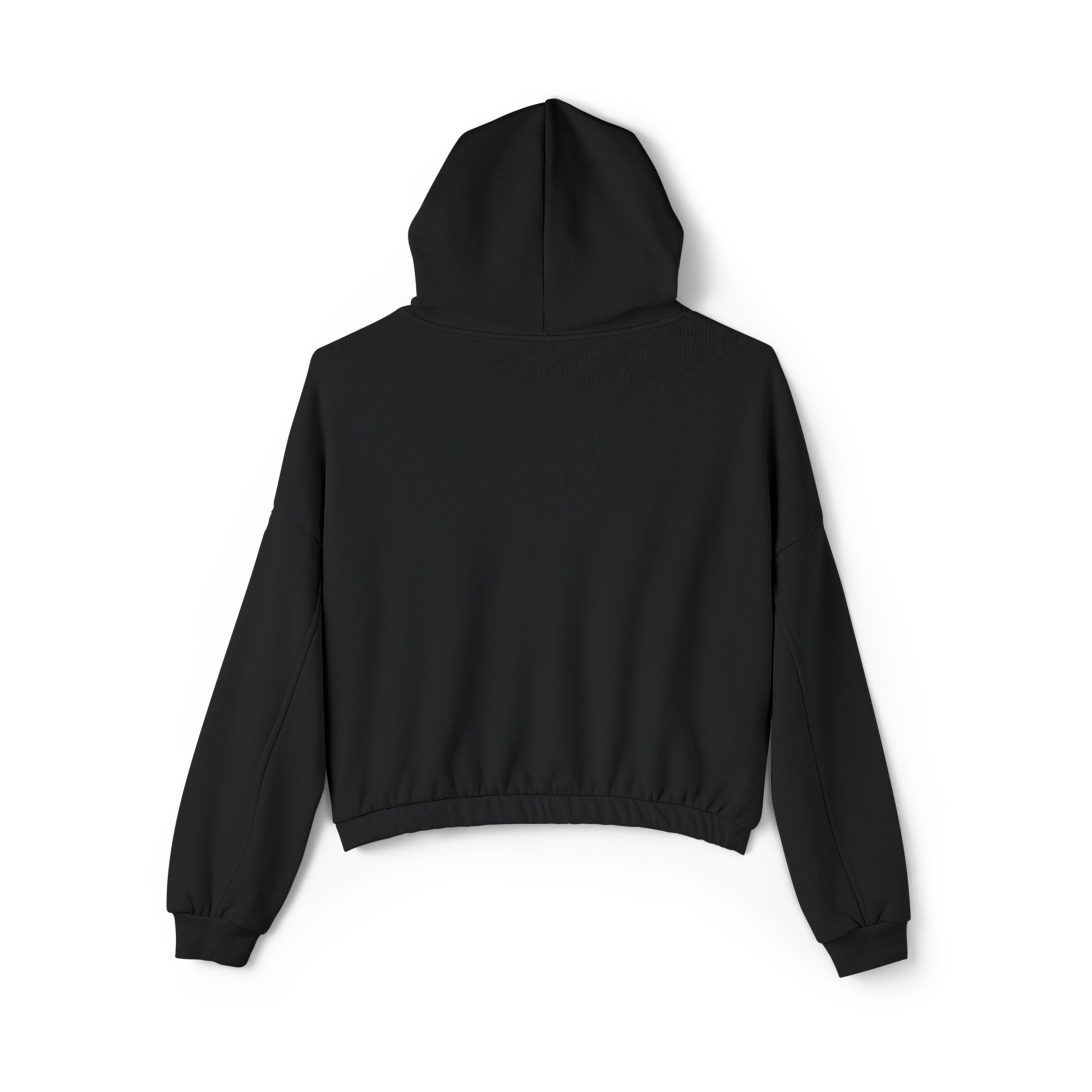 Black Printify cinch women's hoodie with long sleeves and hood shown from the back