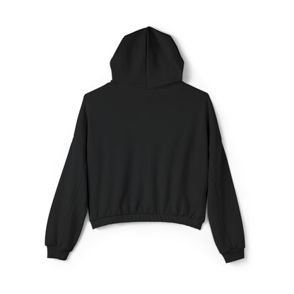 Black Printify cinch women's hoodie with long sleeves and hood shown from the back