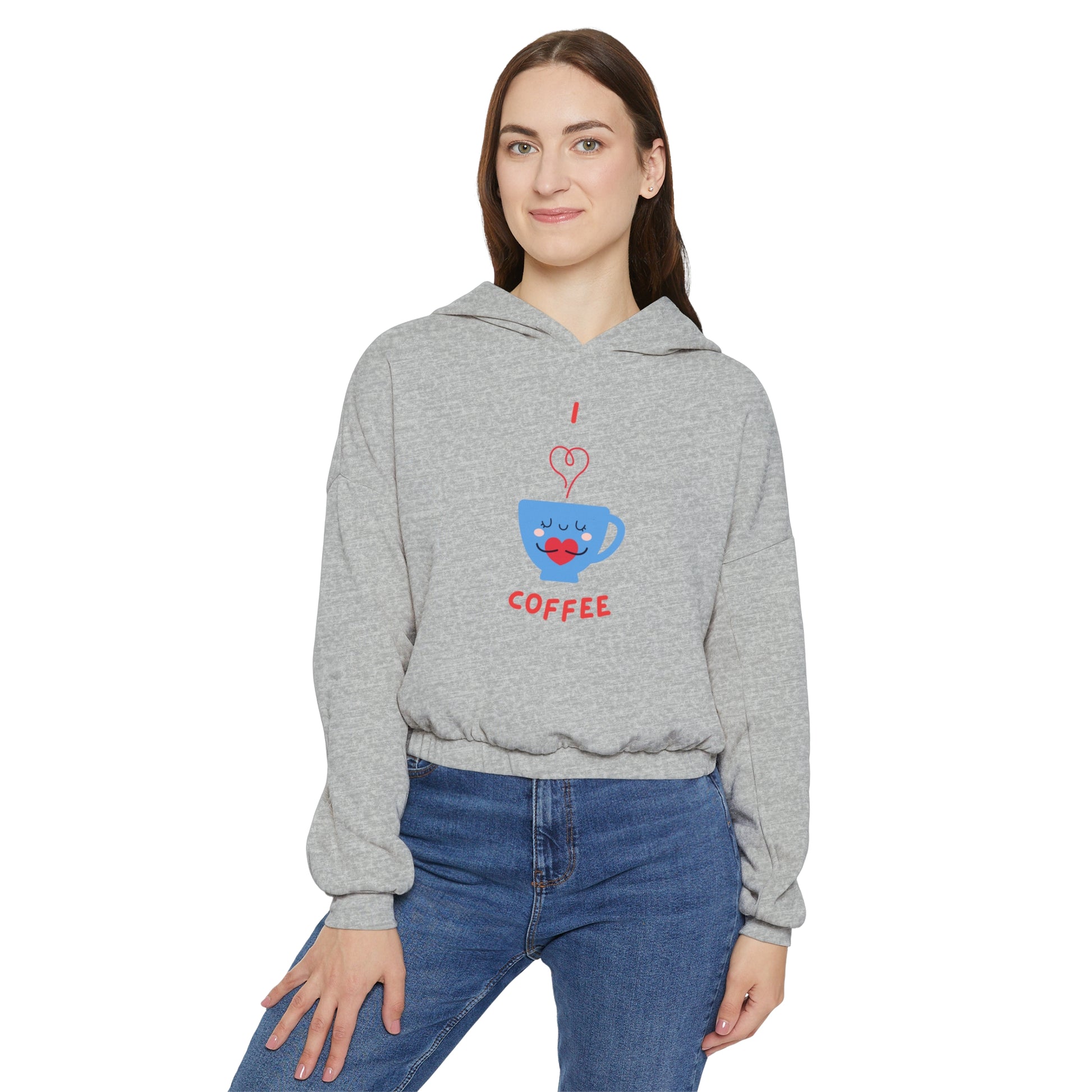 Printify grey cinch women's hoodie with coffee cup graphic and casual fit worn by woman