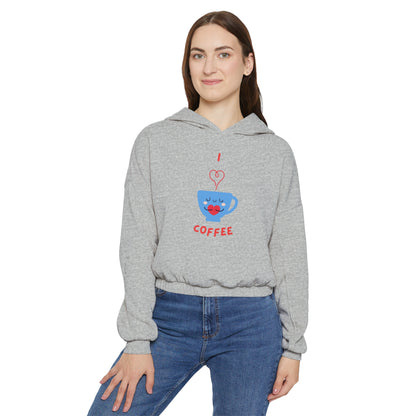 Printify grey cinch women's hoodie with coffee cup graphic and casual fit worn by woman