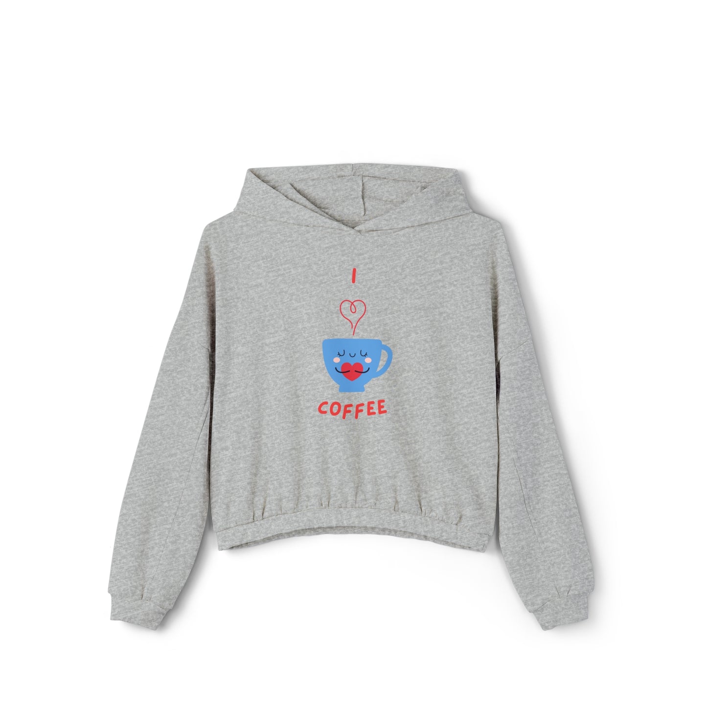 Gray cinch women's hoodie with a blue coffee cup and I love coffee graphic print