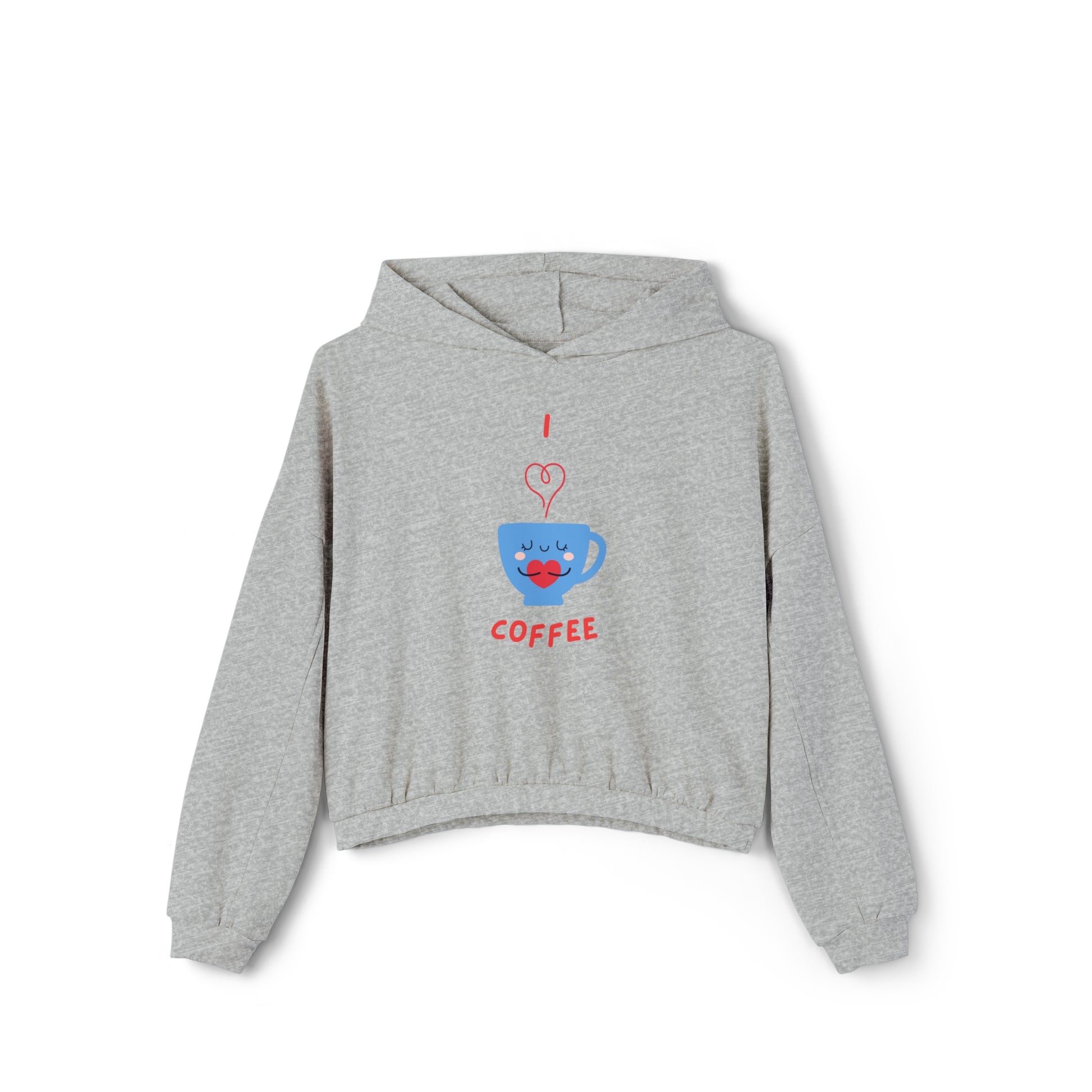 Gray cinch women's hoodie with a blue coffee cup and I love coffee graphic print
