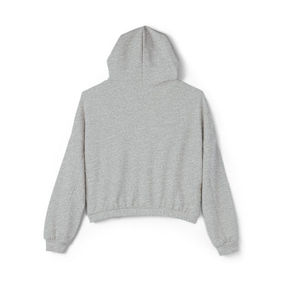 Back view of a gray Printify cinch women's hoodie with long sleeves and hood