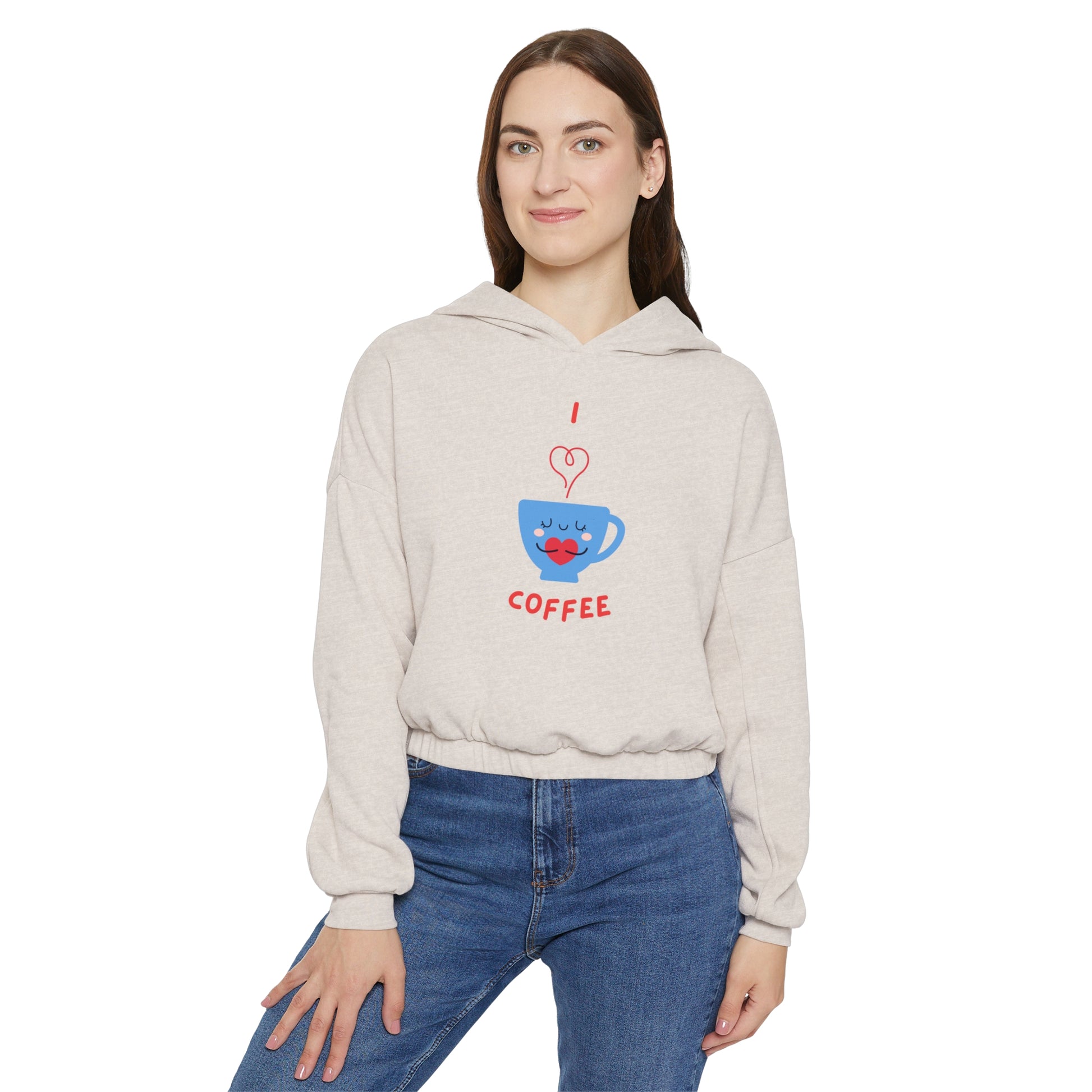 Printify cinch women's hoodie in light color with coffee cup graphic and heart design