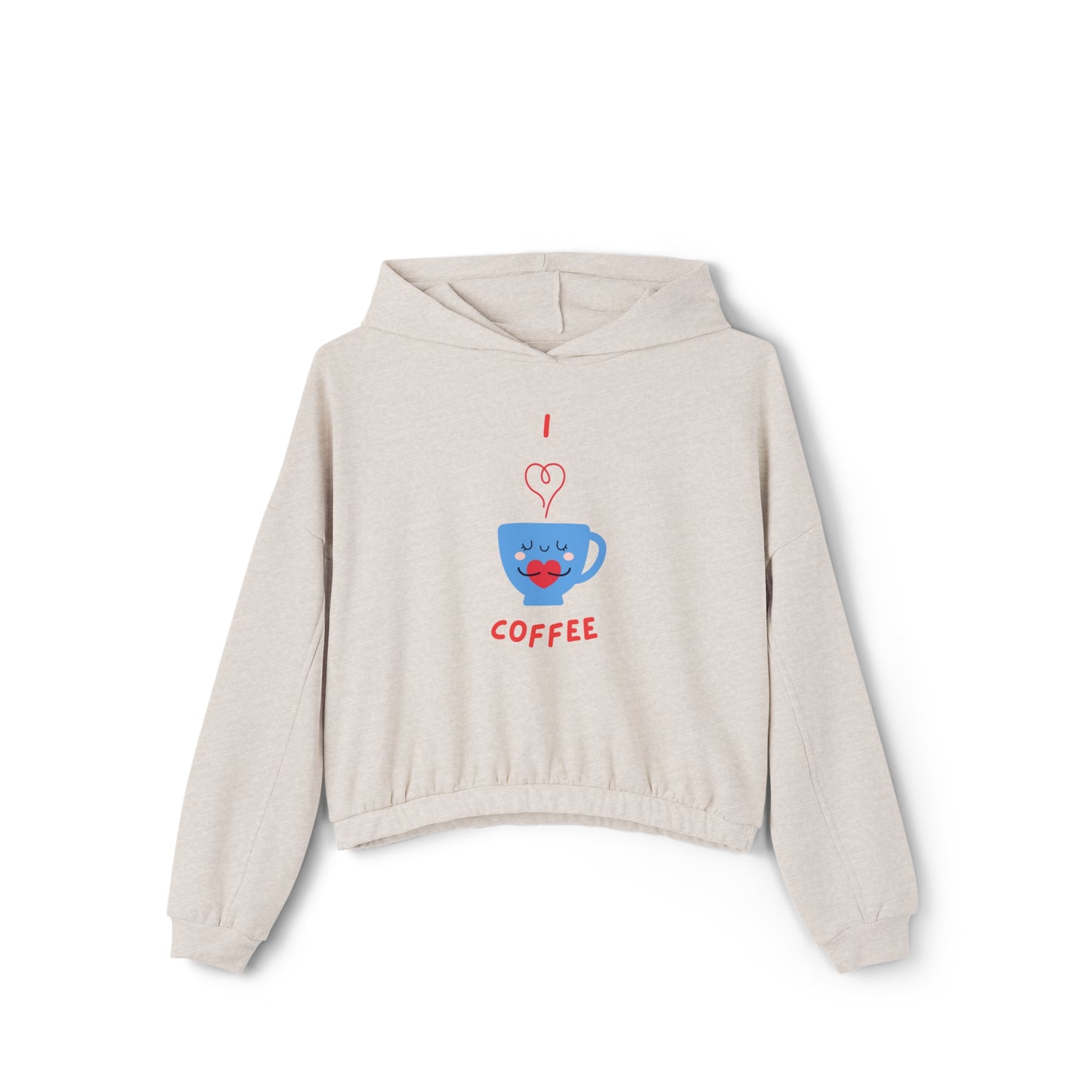 Light beige Printify cinch women's hoodie with I love coffee graphic and elastic waist