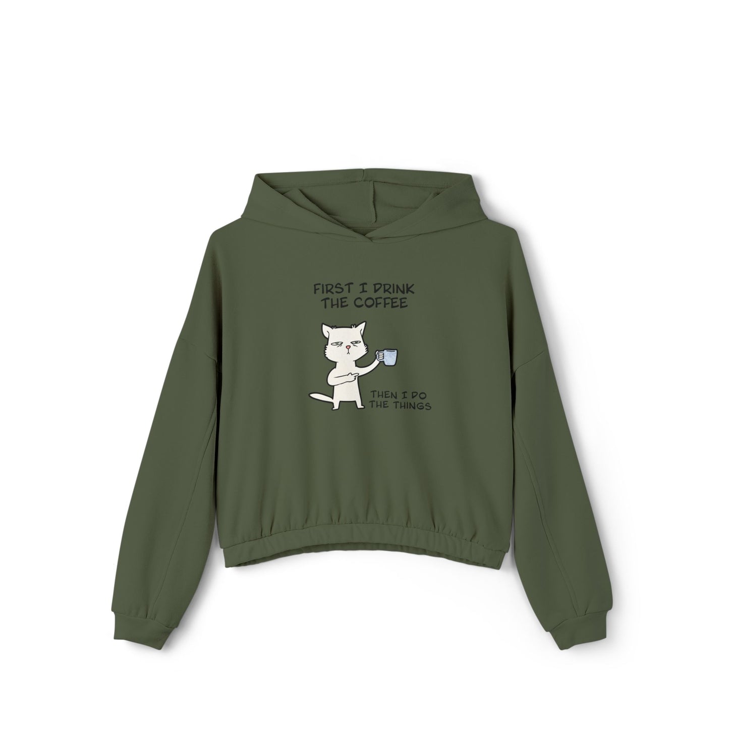 Olive green cinch women's hoodie from Printify with cat drinking coffee graphic and text