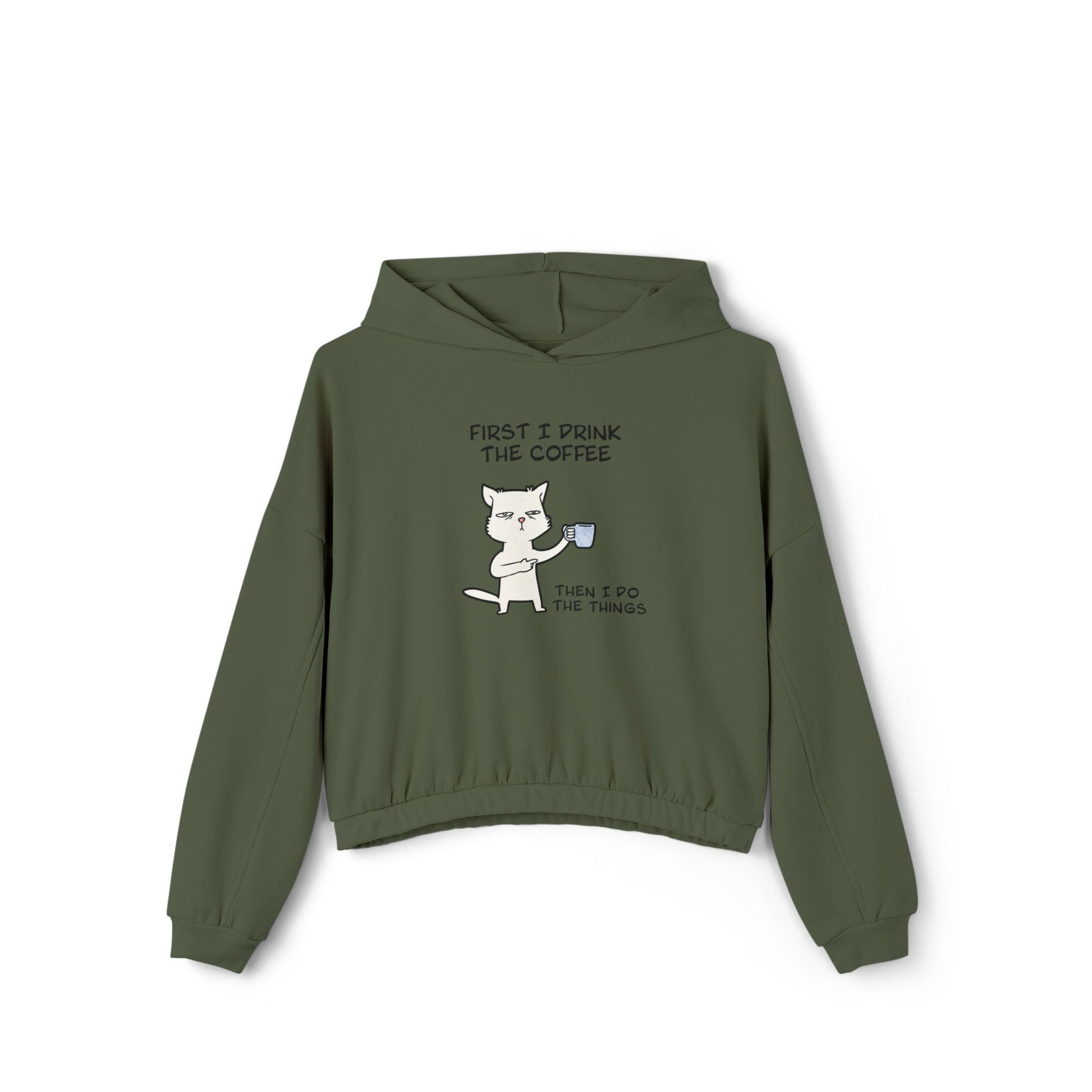 Olive green cinch women's hoodie from Printify with cat drinking coffee graphic and text