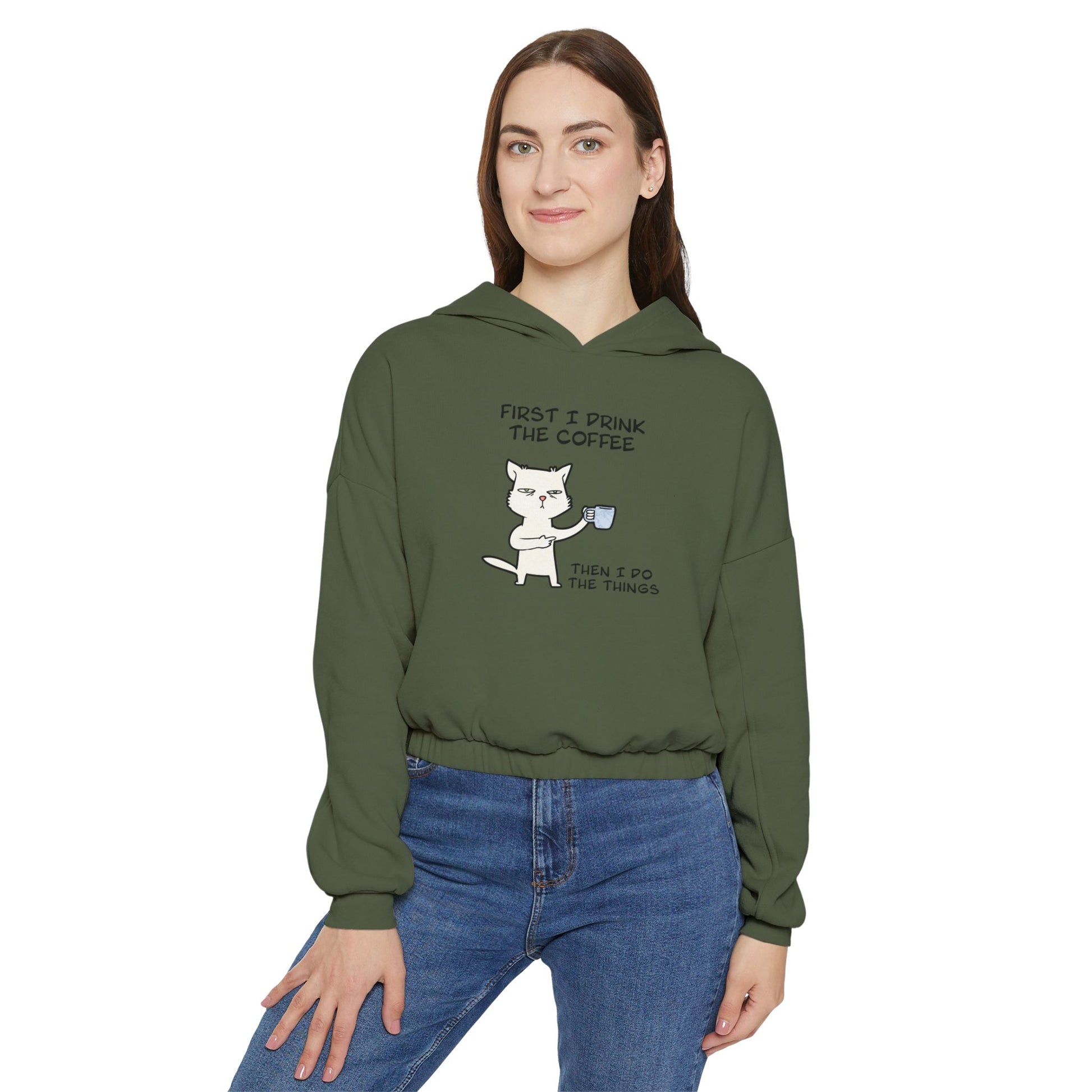 Printify olive green cinch women’s hoodie with cat coffee graphic worn by woman