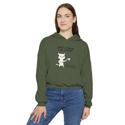 Printify olive green cinch women’s hoodie with cat coffee graphic worn by woman