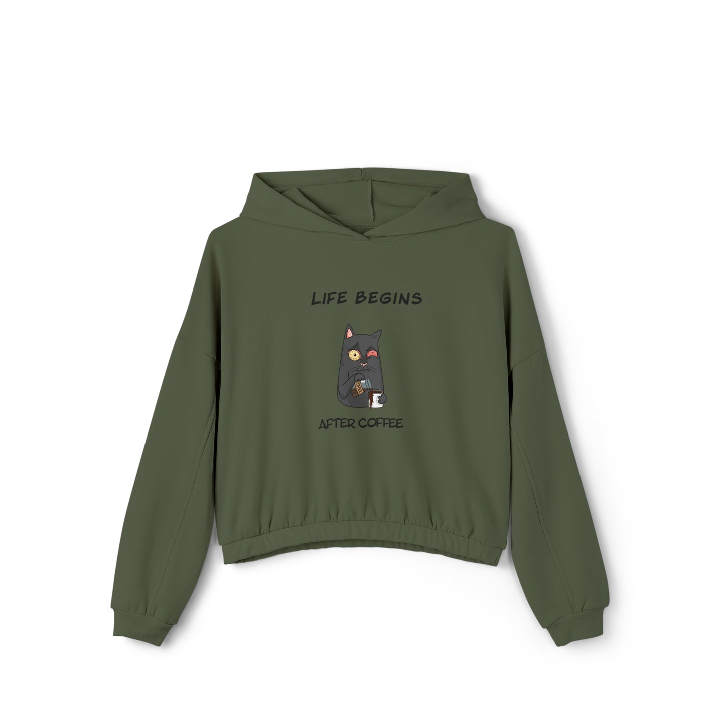 Printify cinch women's hoodie in olive green with coffee cat graphic and Life Begins After Coffee text