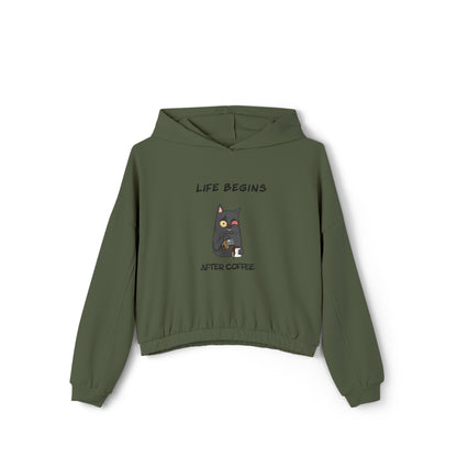Printify cinch women's hoodie in olive green with coffee cat graphic and Life Begins After Coffee text