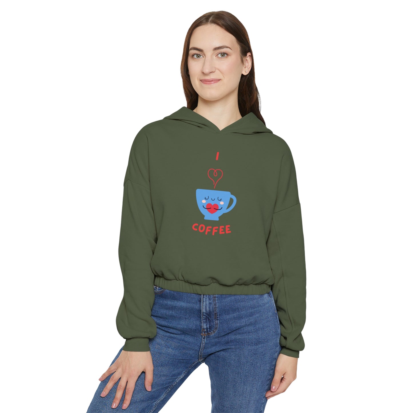 Printify cinch women's hoodie in olive green with coffee cup graphic and elastic waistband