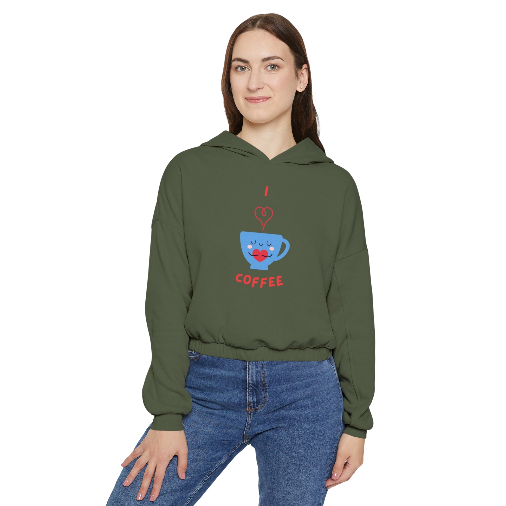 Printify cinch women's hoodie in olive green with coffee cup graphic and elastic waistband
