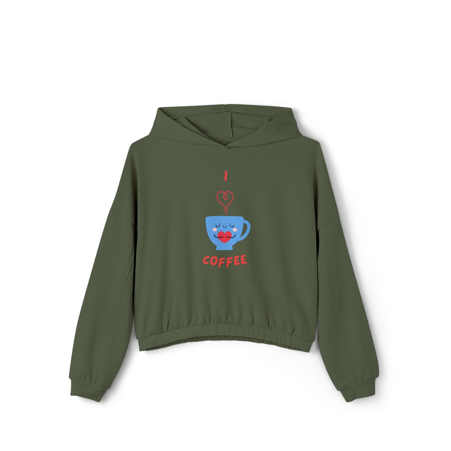 Printify green cinch women's hoodie with cute coffee cup graphic and elastic hem