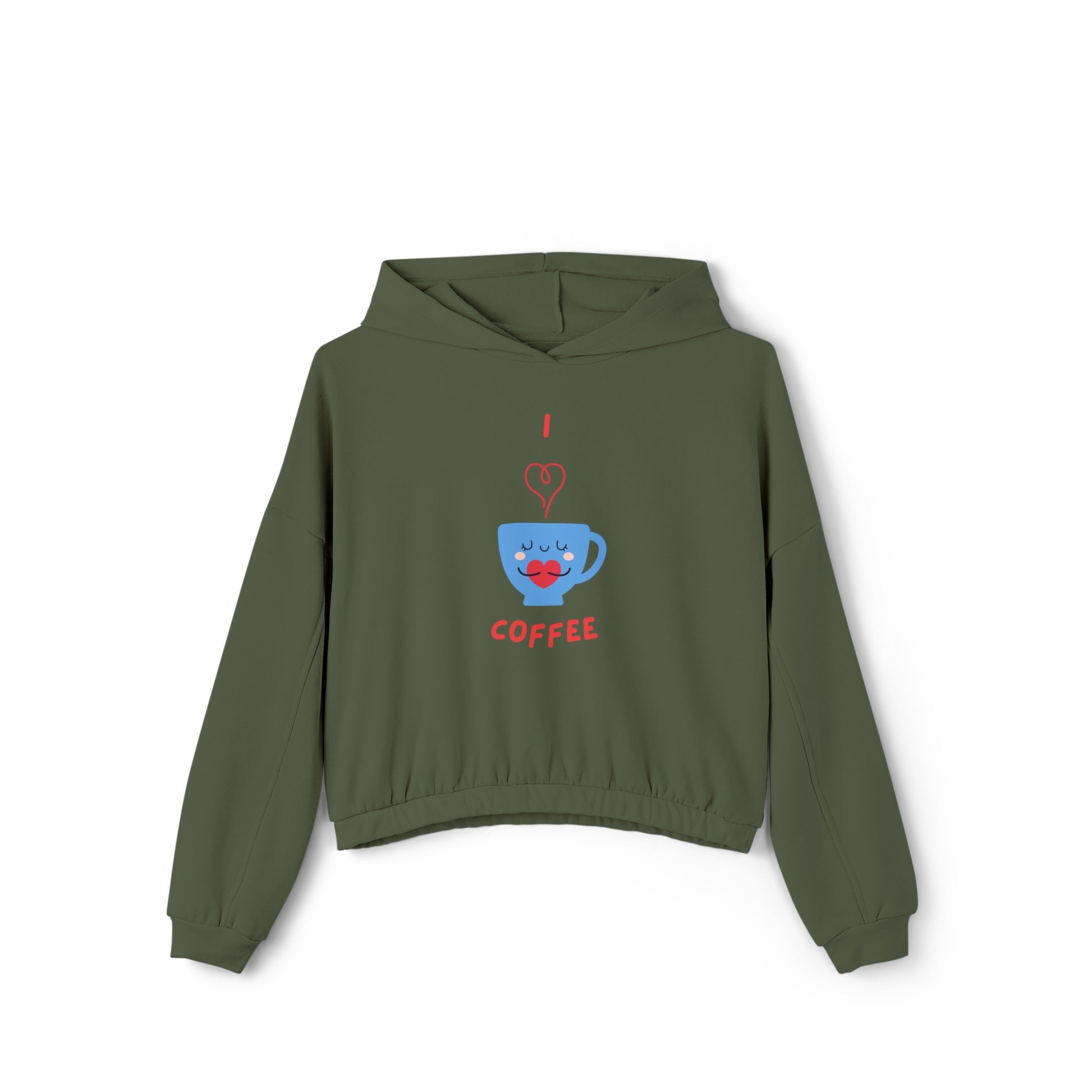 Printify green cinch women's hoodie with cute coffee cup graphic and elastic hem