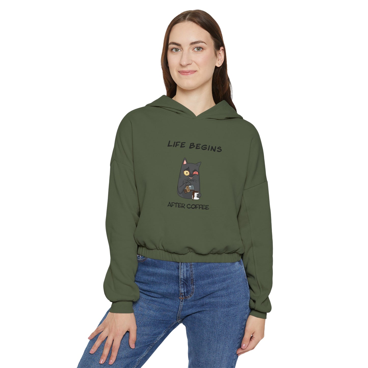 Printify cinch women's hoodie in olive green with coffee cat graphic and life begins after coffee text