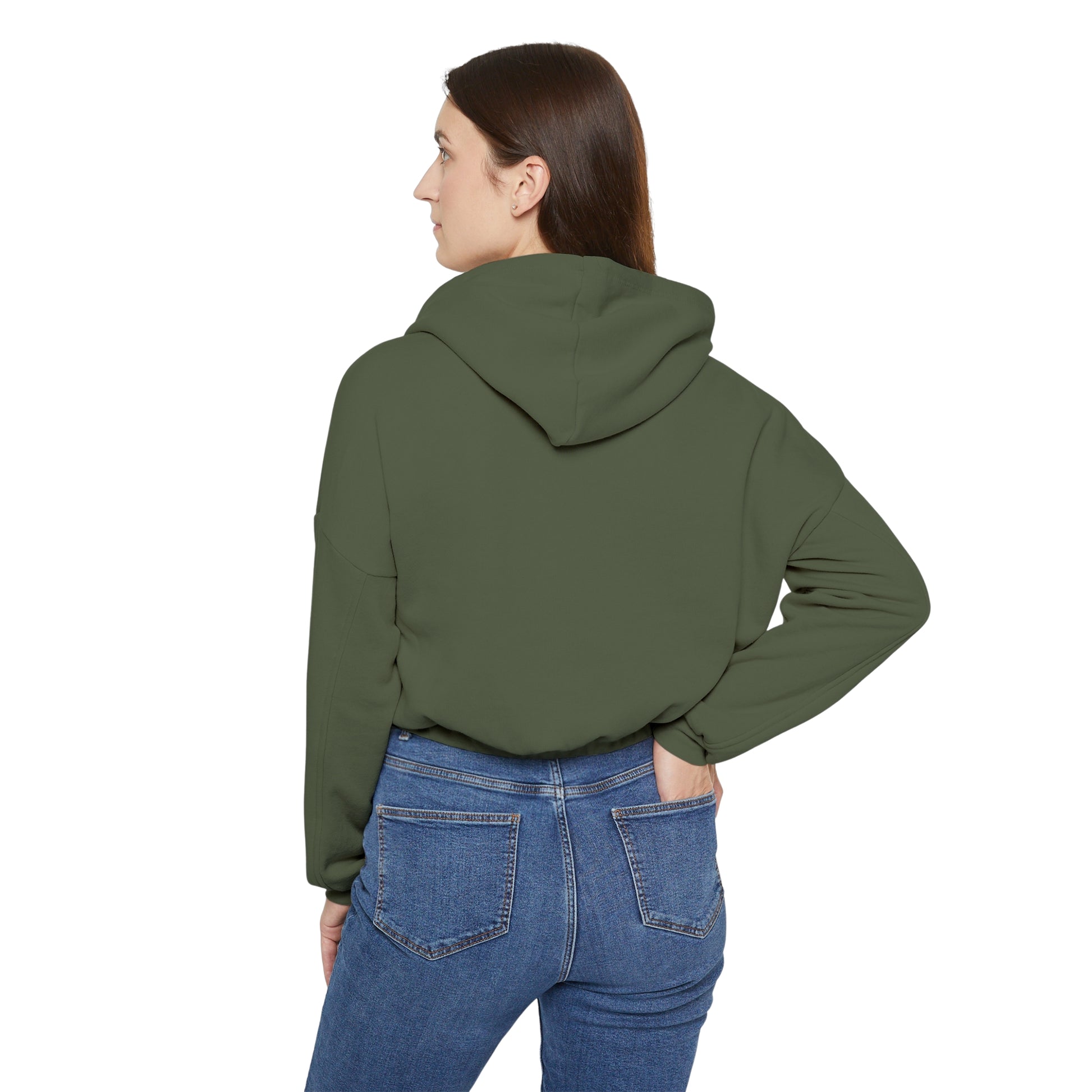 Back view of a woman wearing an olive green Printify cinch women's hoodie with hood up and casual fit