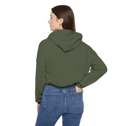 Back view of a woman wearing an olive green Printify cinch women's hoodie with hood up and casual fit
