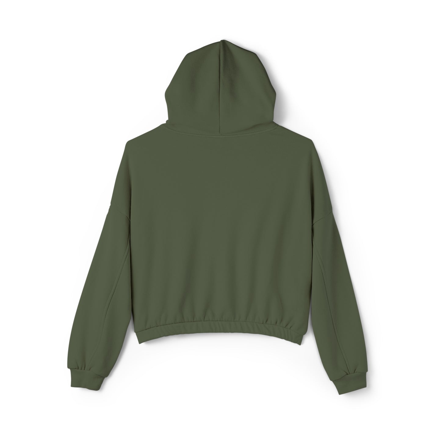 Back view of olive green cinch women's hoodie with hood and elastic waistband by Printify