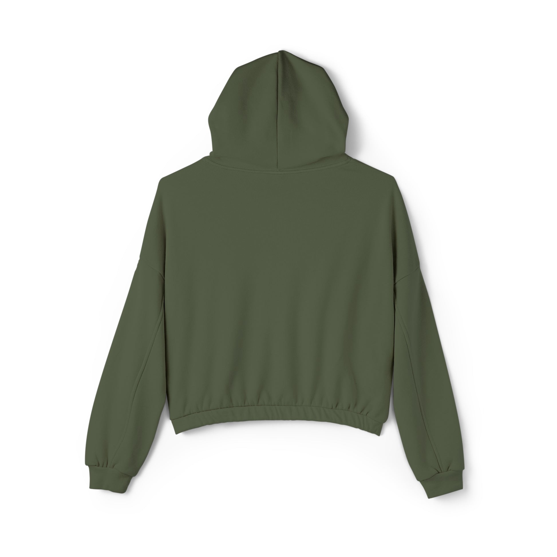 Back view of olive green cinch women's hoodie with hood and elastic waistband by Printify