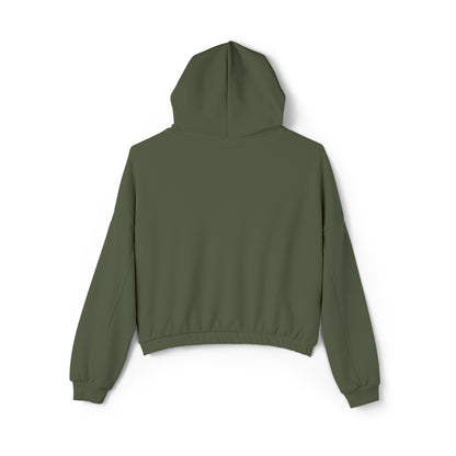 Back view of olive green cinch women's hoodie with hood and elastic waistband by Printify