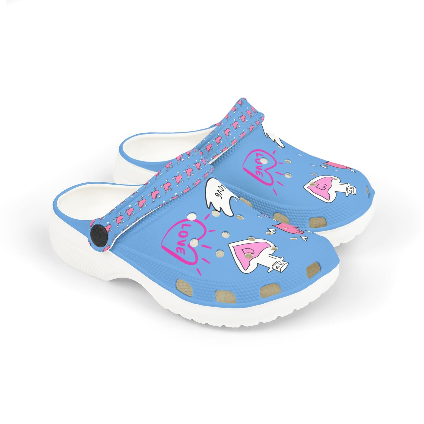 Blue Printify clogs for girls with pink heart and love bottle designs and adjustable strap